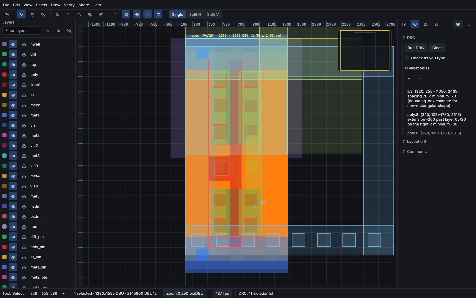 The Reticle editor showing a SKY130 standard cell: a layer palette on the left, coloured mask geometry on the canvas, and a DRC panel on the right listing eleven real violations with their coordinates.
