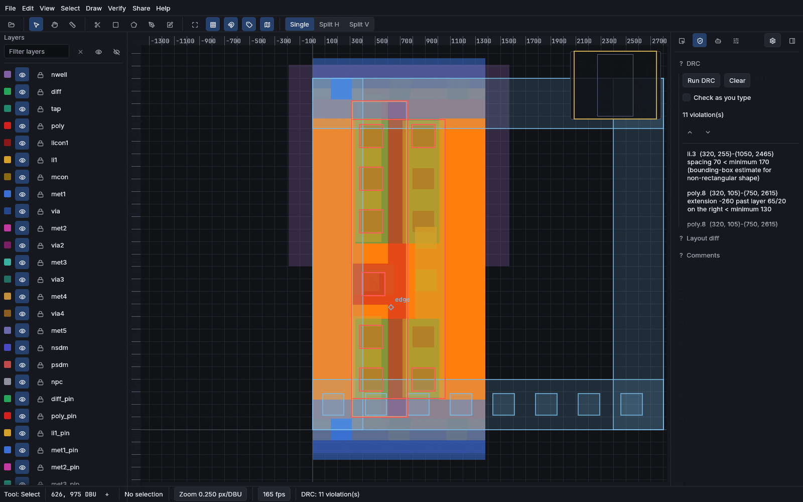 Design-rule checking running and listing violations with coordinates.